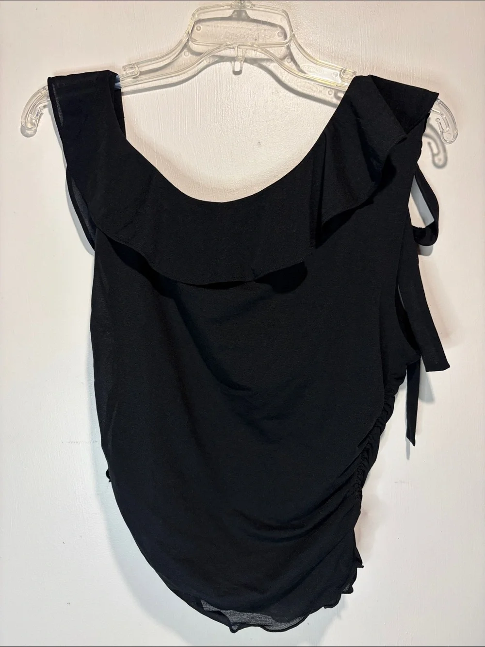 Free People Black Ruffled Side Ruched Right Shoulder Tie Sleeveless Top SZ L